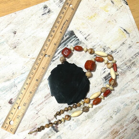 Lee Sands Designer Vintage Lion Face Stone Bead Statement Huge Necklace Retro - Picture 9 of 9